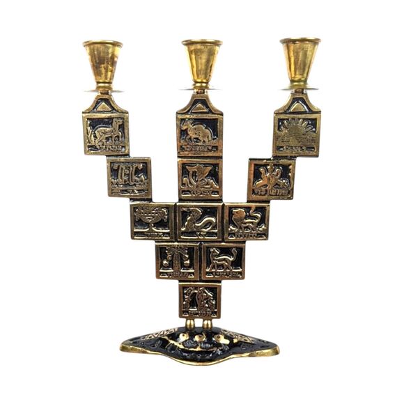 Vintage Goldtone Astrological Candelabra: Black Enamel Zodiac Candle Holder - Picture 9 of 9